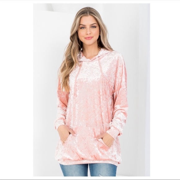 ILLA ILLA Tops - DUSTY Rose Crushed Velvet Hoodie w/Kangaroo Pocket